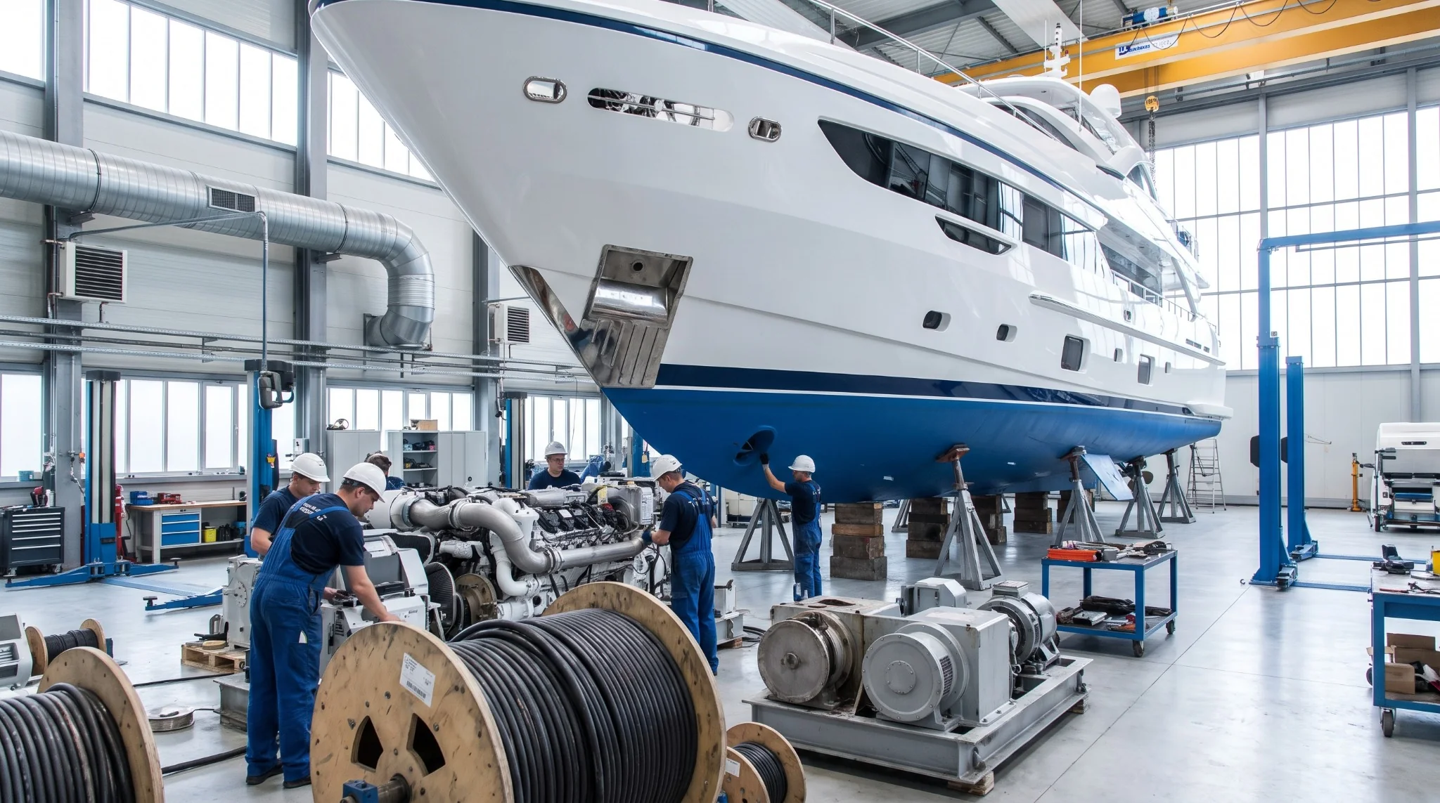Luxury yacht in a professional marine workshop
