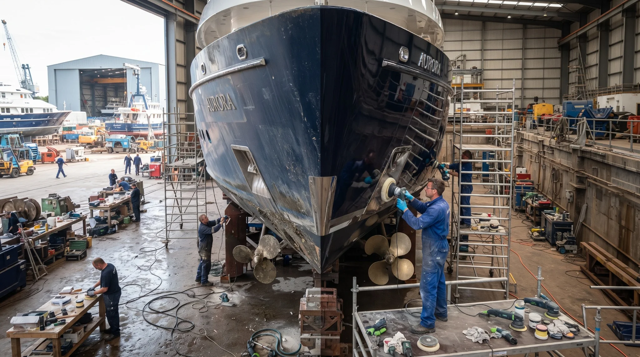 Yacht stern in a marine maintenance yard