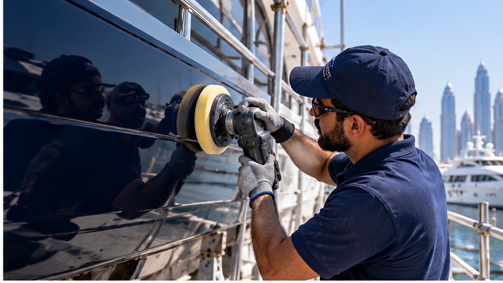 Technician polishing yacht hull