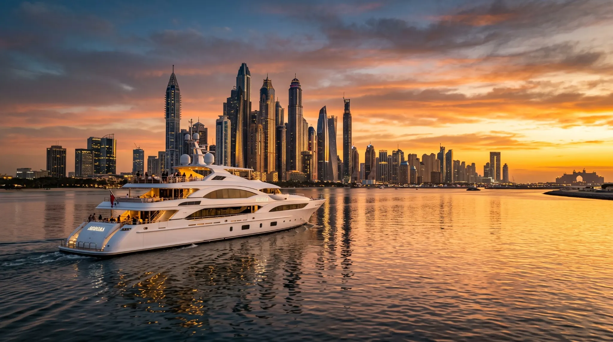 Luxury yacht in Dubai marina at sunset